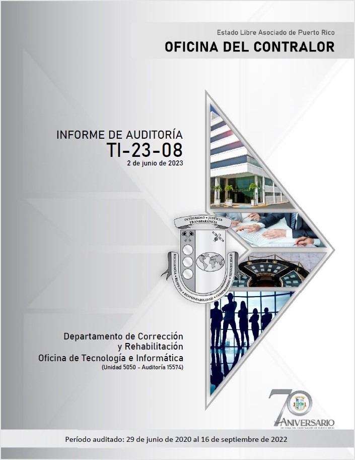 Portada del Informe de Auditoría TI-23-08 del Departamento de Corrección y Rehabilitación, Oficina de Tecnología e Informática