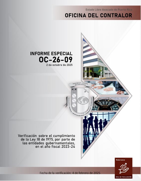 Portada del Informe Especial OC-26-09, Verificación sobre el cumplimiento de la Ley 18 de 1975, por parte de las entidades gubernamentales, en el año fiscal 2023-24.