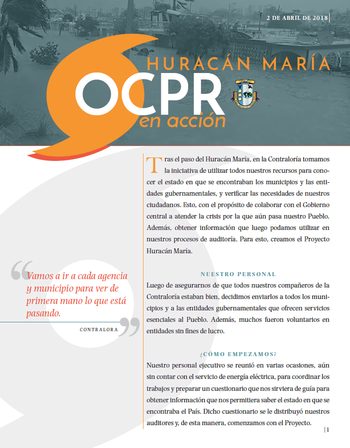 Portada Publicación, OCPR en Acción, Huracán María