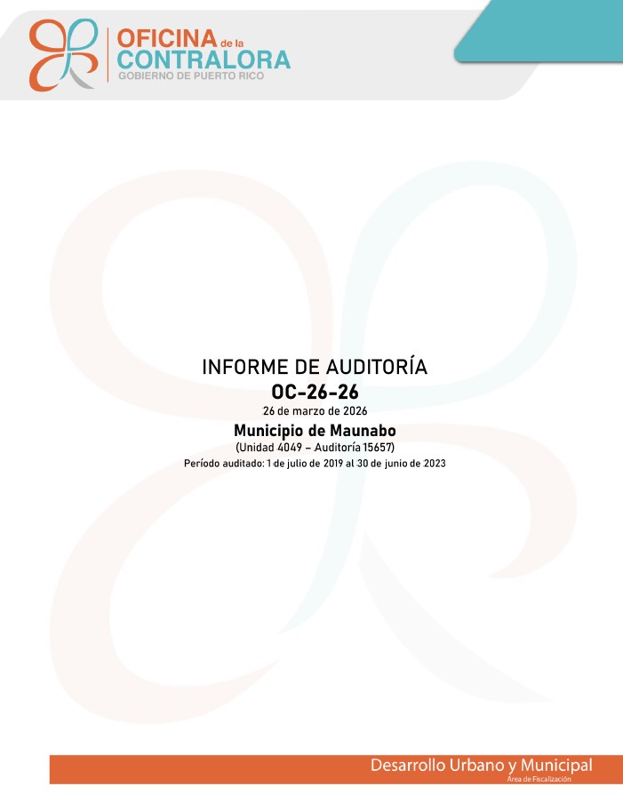 Portada del Informe de Auditoría OC-26-26 del Municipio de Maunabo