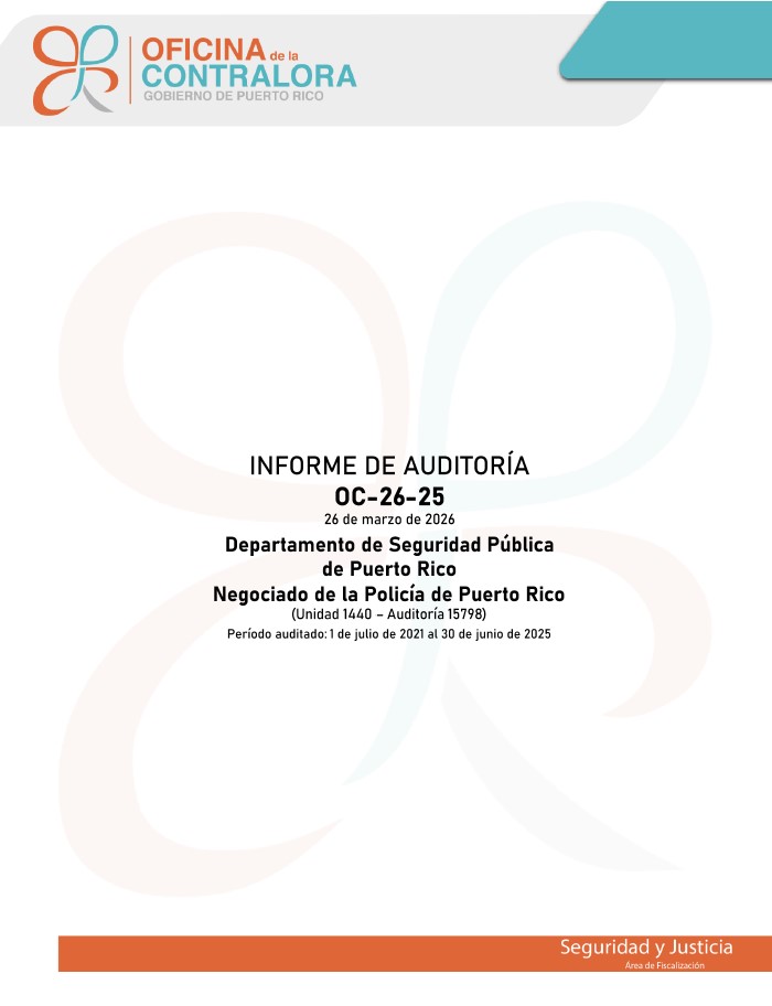 Portada del Informe de Auditoría OC-26-25, Negociado de la Policía de Puerto Rico