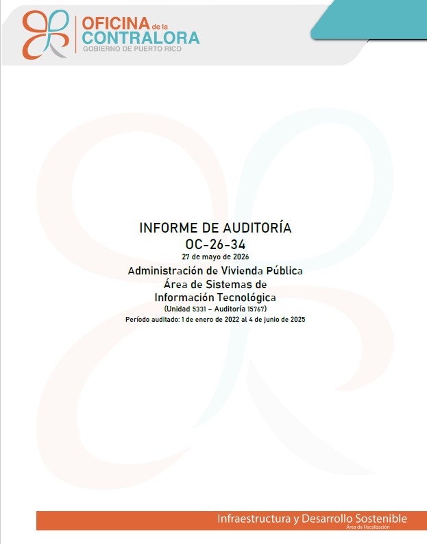 Portada del Informe de Auditoría OC-26-34, Administración de Vivienda Pública, Área de Sistemas de Información Tecnológica