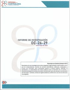 Portada del Informe de Investigación OC-26-29, Municipio de Cataño sobre Resultados de las investigaciones sobre alegadas irregularidades relacionadas con el uso de computadoras, cuentas de correos electrónicos, vehículos, empleados y fondos del municipio…