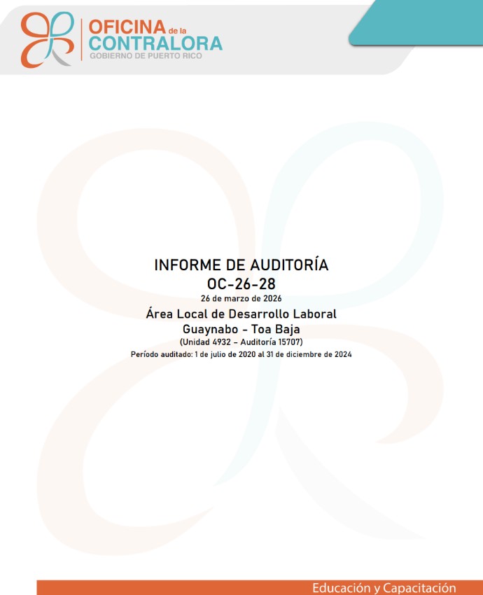 Portada del Informe de Auditoría OC-26-28 - Área Local de Desarrollo Laboral Guaynabo - Toa Baja