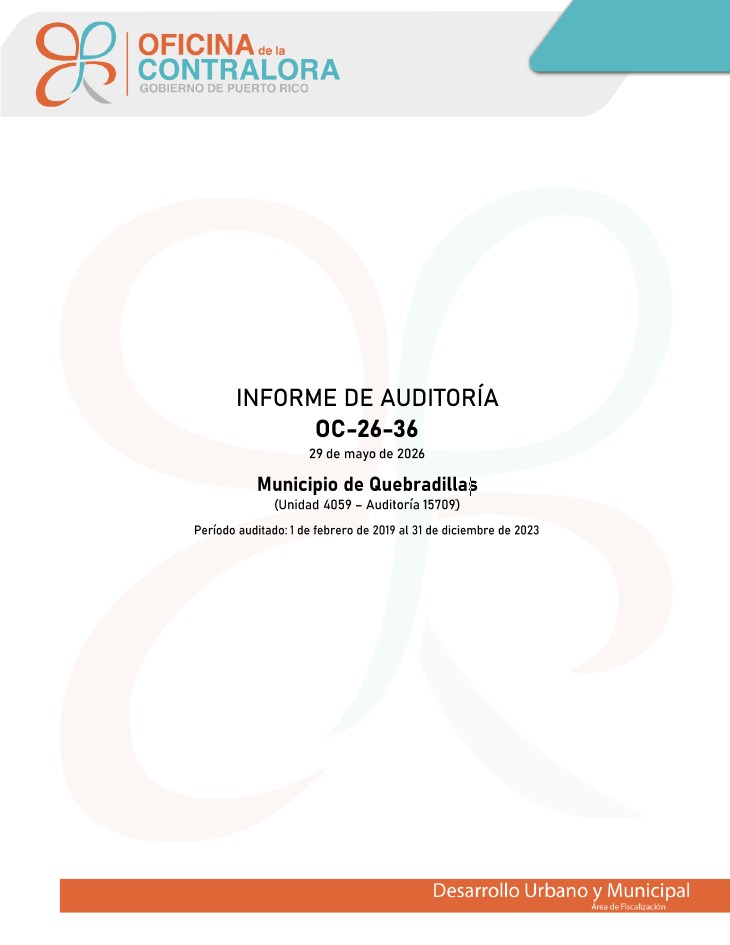 Portada del Informe de Auditoría OC-26-36, Municipio de Quebradillas