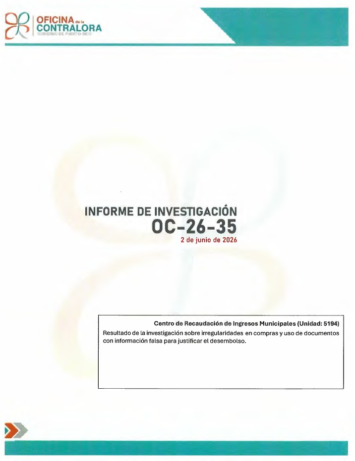 Portada del Informe ded Investigación OC-26-35, Centro de Recaudación de lngresos Municipales (CRIM)