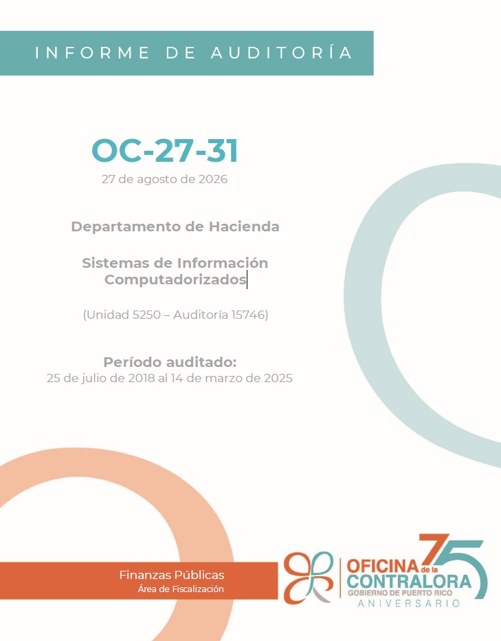 Portada del Informe OC-27-31, Departamento de Hacienda, Sistemas de Información Computadorizados