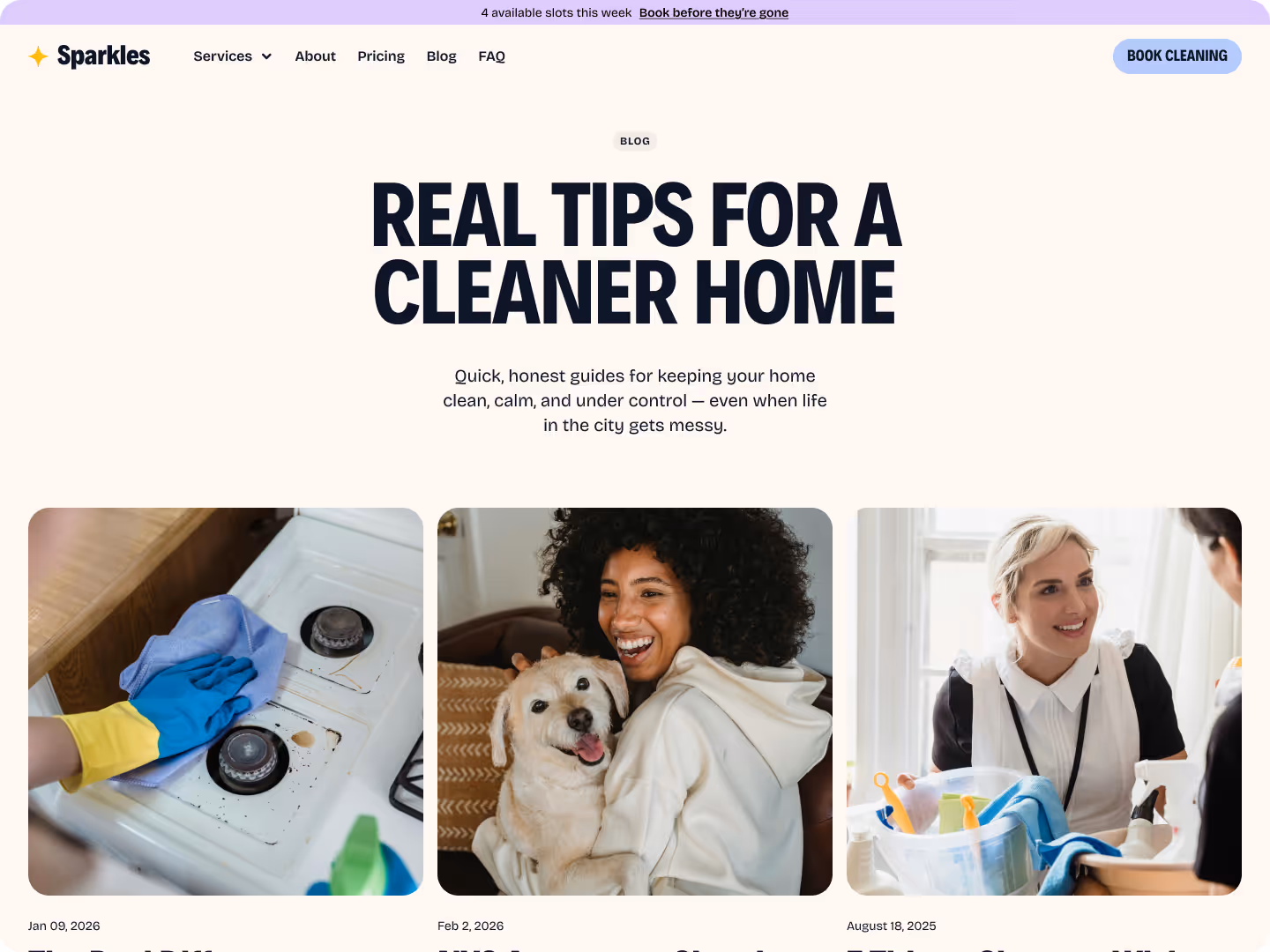 Website header with title 'Real Tips for a Cleaner Home', showing images of someone cleaning a stove, a woman hugging a happy dog, and a smiling cleaning professional with supplies.