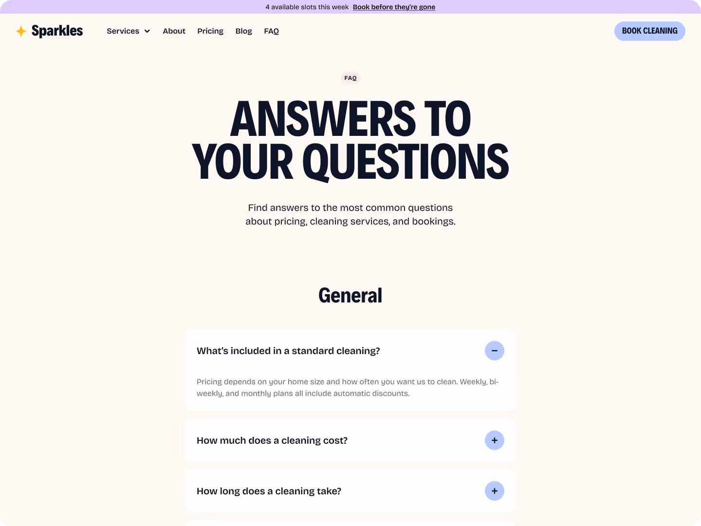 FAQ page for Sparkles cleaning service showing answers to pricing, cleaning services, and bookings questions with a visible expanded answer about standard cleaning pricing.