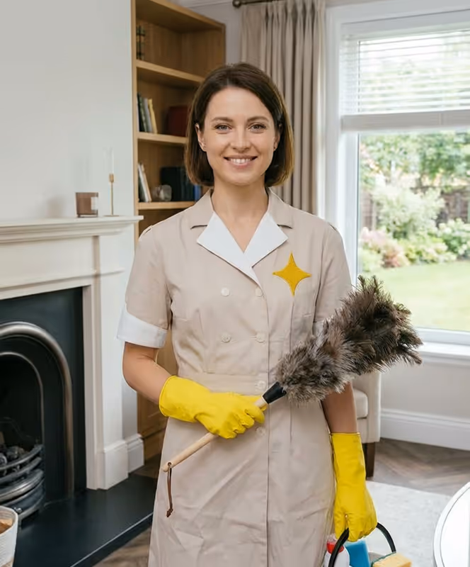 Smiling woman in a beige cleaning uniform wearing yellow gloves and holding a feather duster in a bright living room.