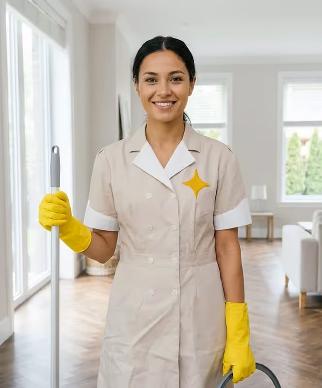 Smiling woman in beige cleaning uniform with a sparkling star icon, holding a mop and wearing yellow rubber gloves in a bright living room.
