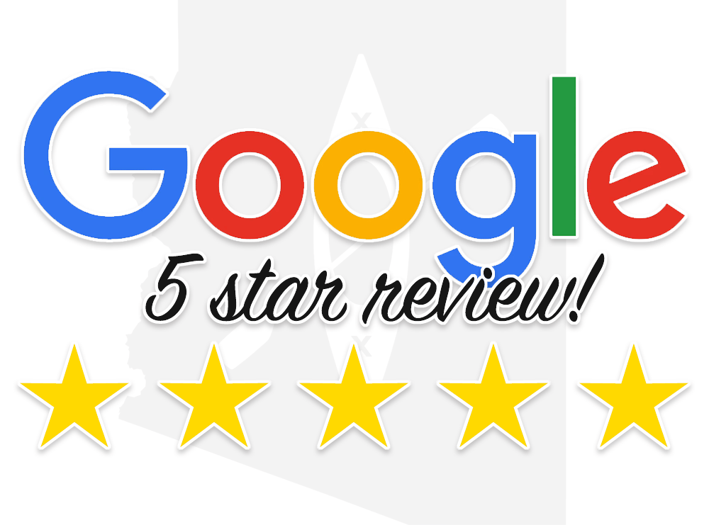 Google logo with text: 5 star review and five yellow stars beneath it.