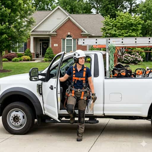 A tee trimming crew arriving at their residential job site.
