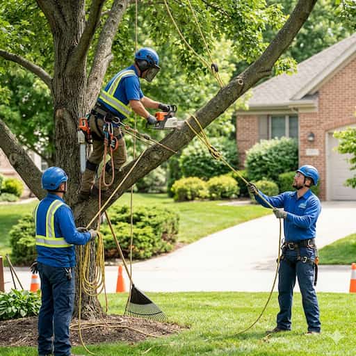 A tree trimming crew responsibly trimming a tree in a residential area.