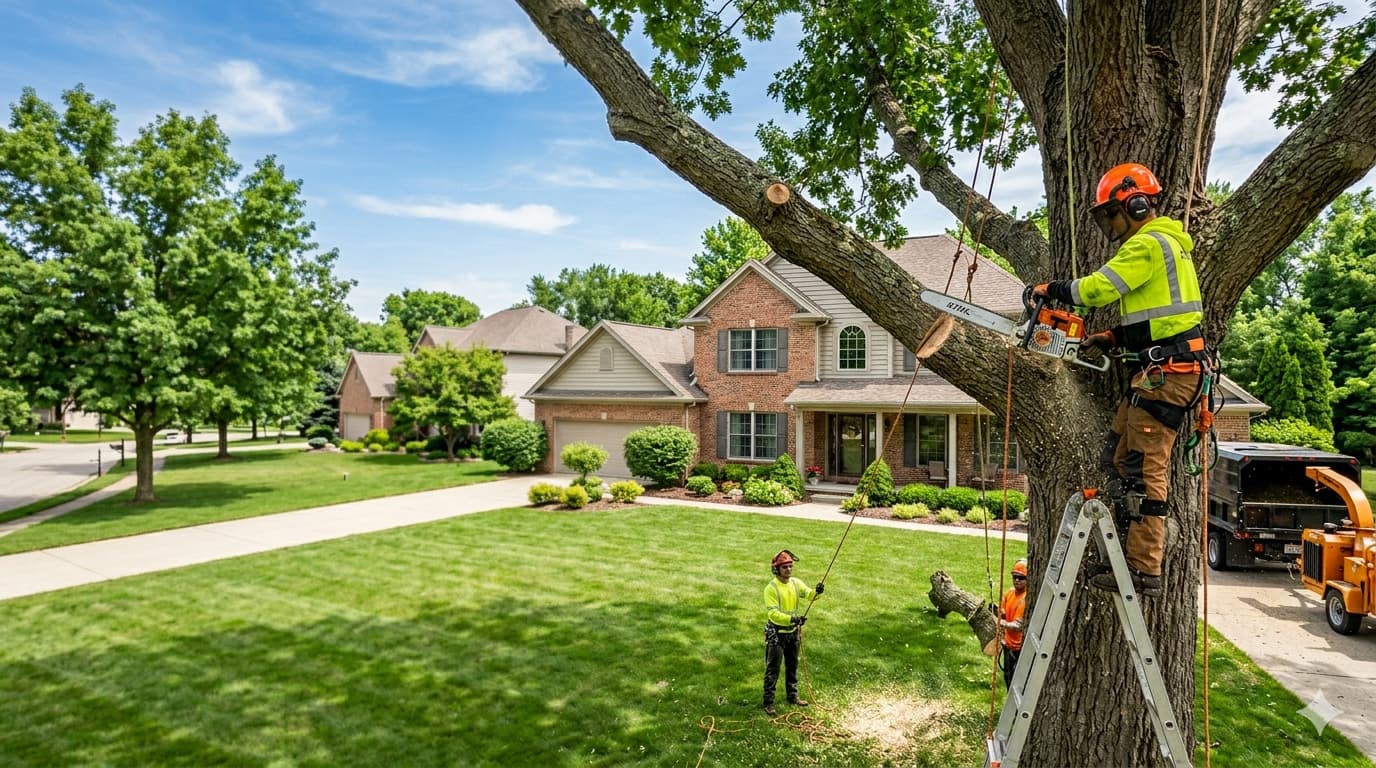 A tree service crew trimming a tree in a suburban residential front yard.
