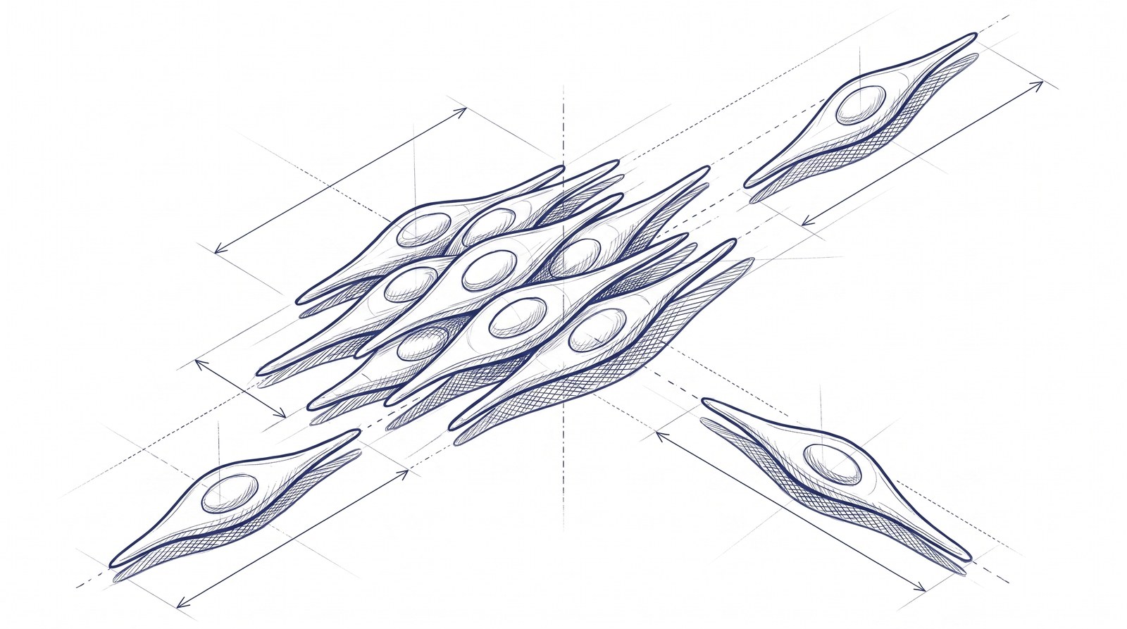 Blueprint-style technical drawing of spindle-shaped fibroblast cells clustered in three dimensions, with two cells projected away on dotted construction lines