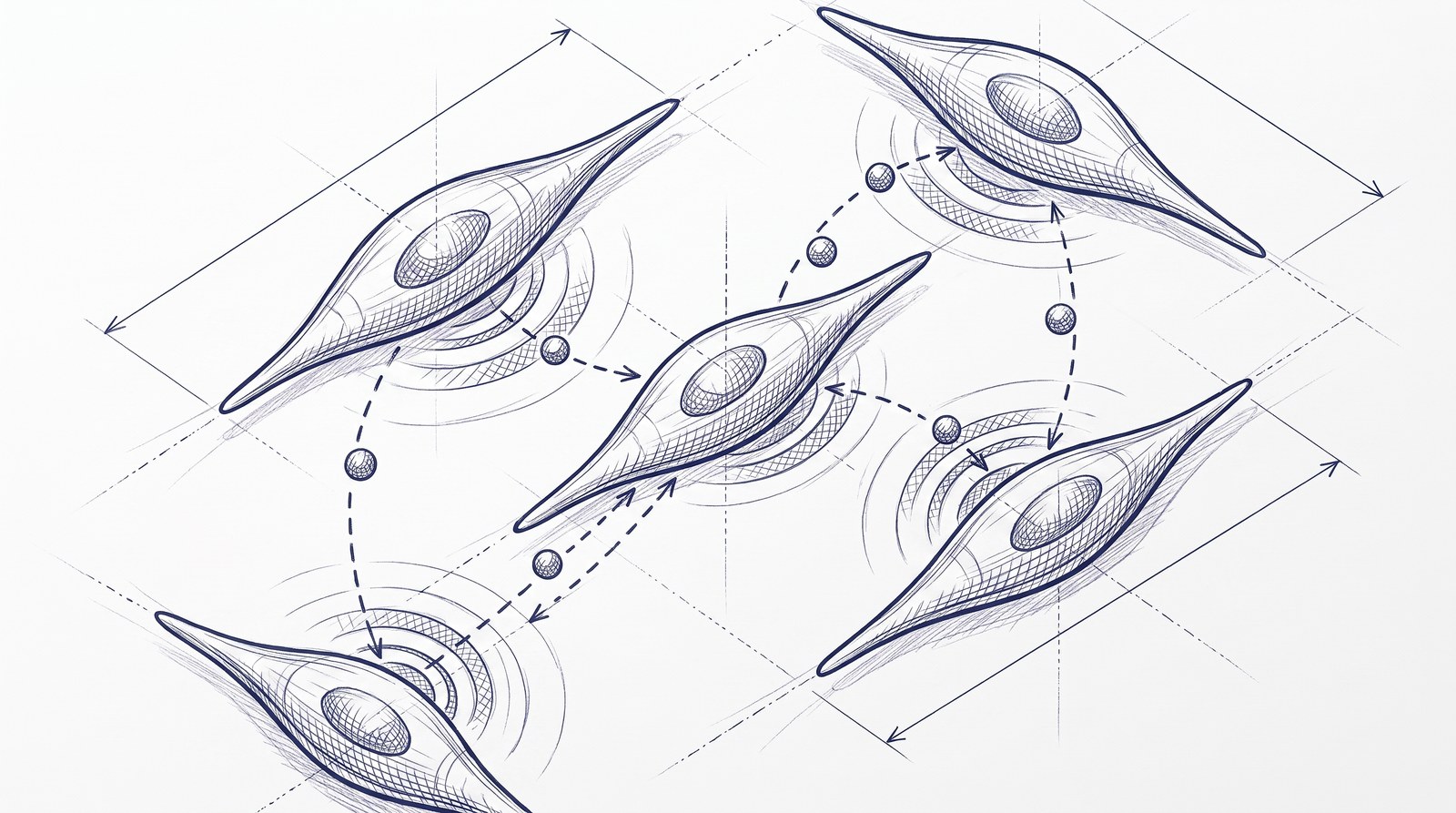 Blueprint-style technical drawing of signalling molecules travelling between fibroblast cells along dashed trajectories, with concentric ripples at the cell membranes