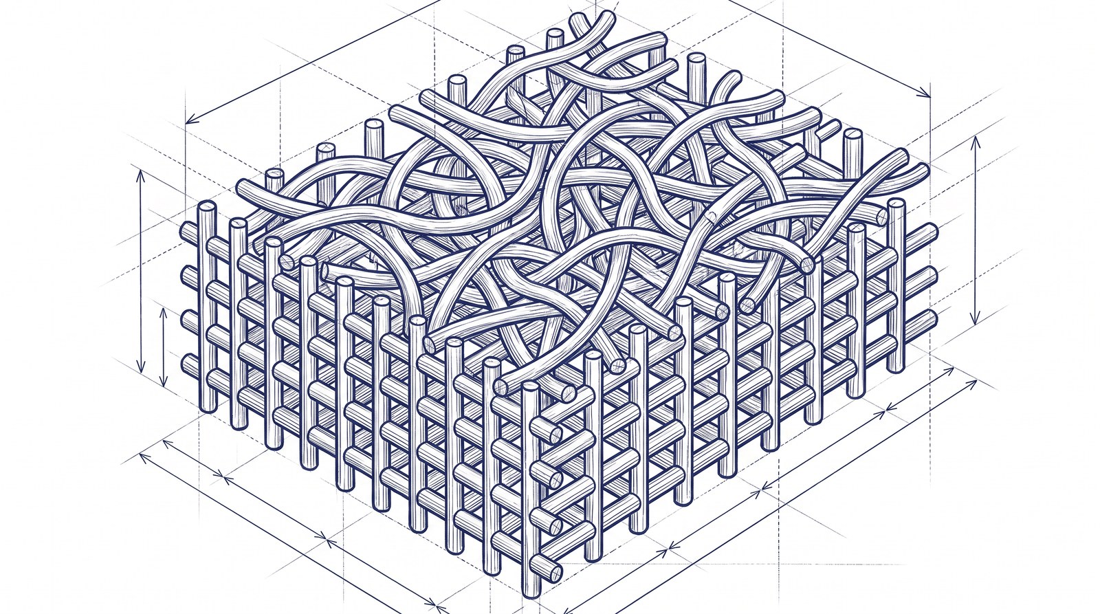 Blueprint-style technical drawing of a porous scaffold block, a regular lattice of struts below transitioning into freely interwoven fibres above
