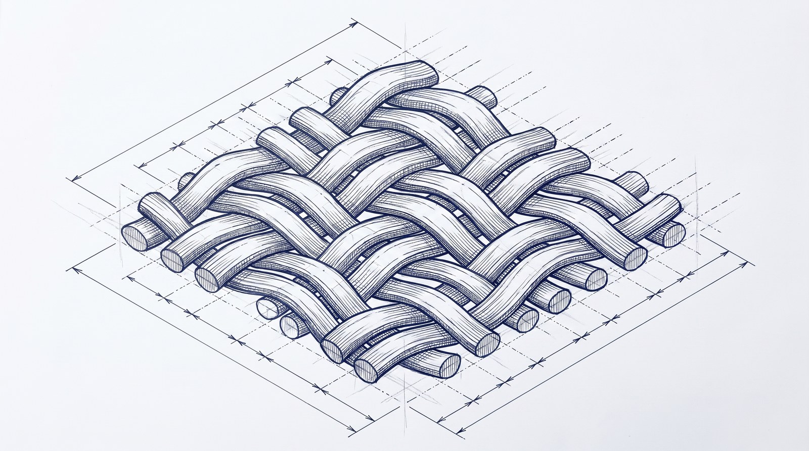 Blueprint-style technical drawing of healthy extracellular matrix, an even multidirectional basket weave of collagen fibre bundles