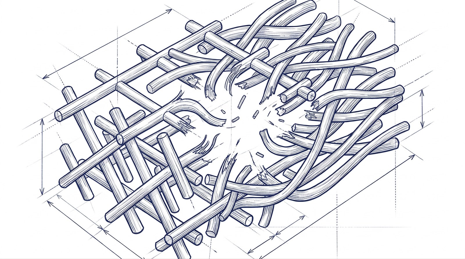 Blueprint-style technical drawing of compromised extracellular matrix torn open at the centre, with frayed snapped fibre ends and loose fragments