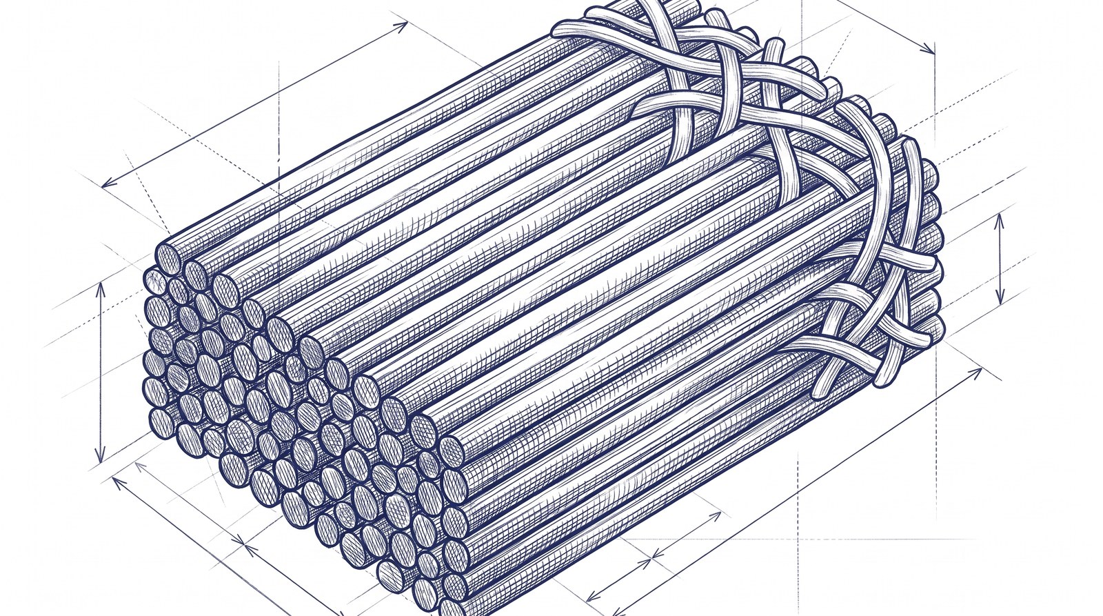 Blueprint-style technical drawing of scar tissue, thick collagen bundles crowded into a single parallel direction beside a remnant of healthy weave
