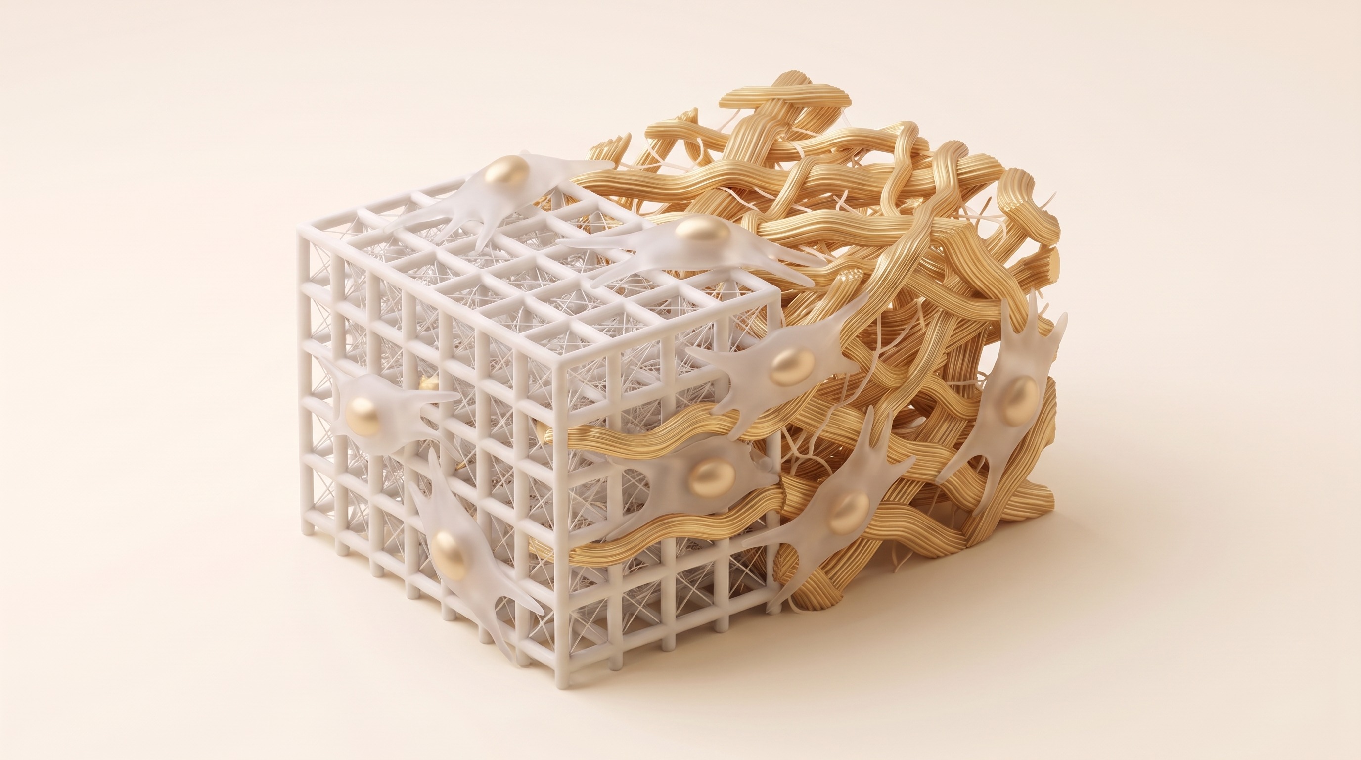 Rendered white scaffold cube pressed against gold host tissue, fibroblasts migrating into its pores and spreading along the struts as host collagen grows across the boundary