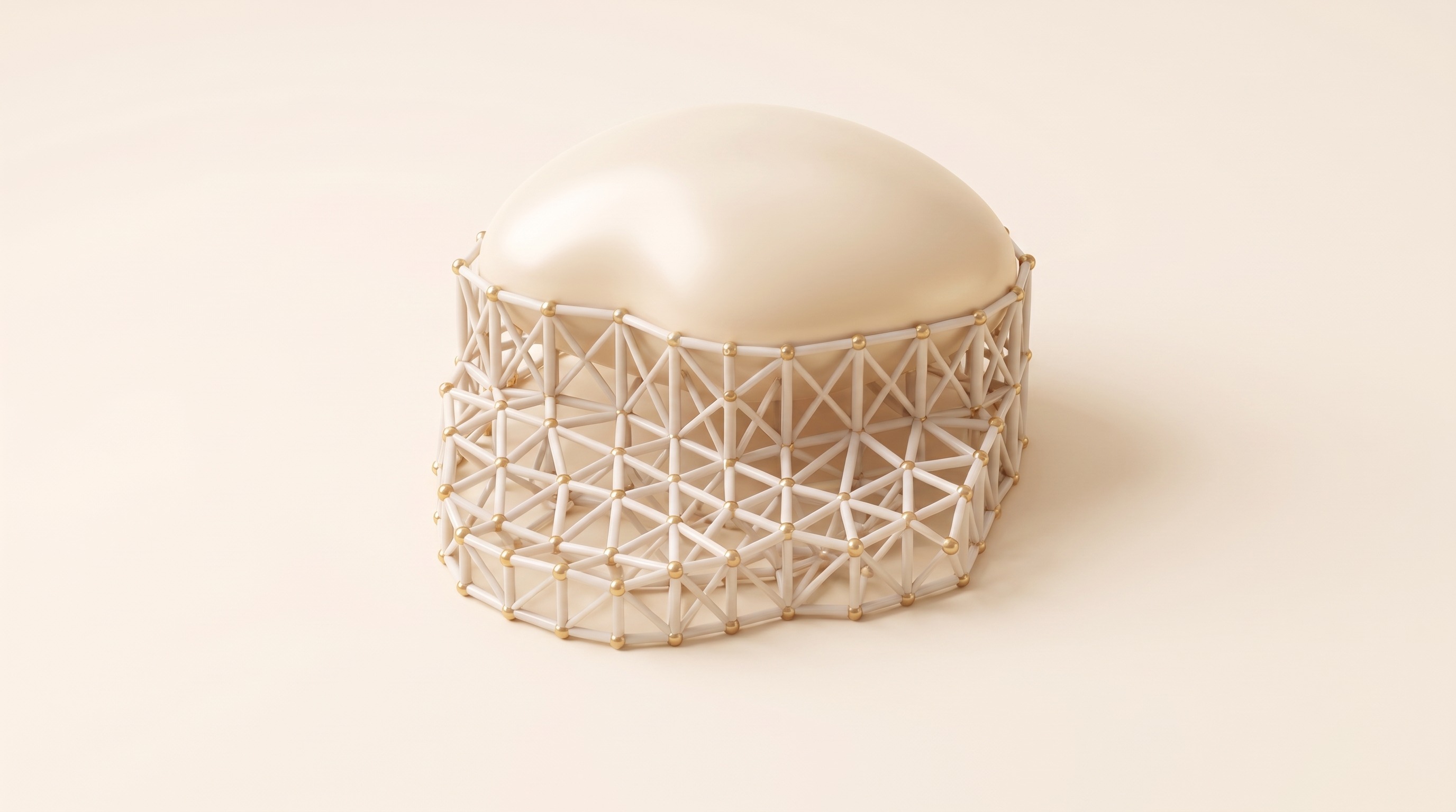 Rendered white truss scaffold with an irregular, wound-shaped footprint and a notch, carrying a smooth, even dome of volume on top