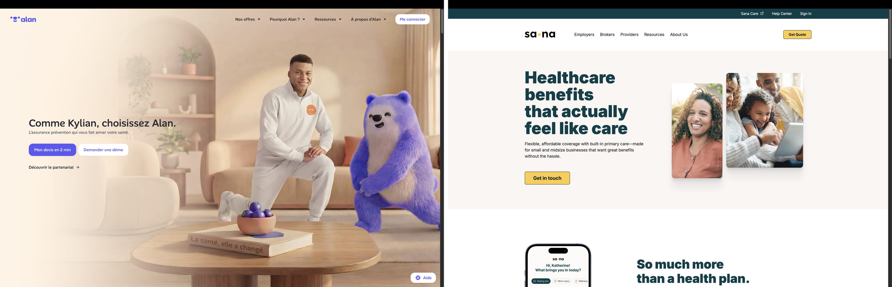 Alan homepage hero next to Sana Benefits homepage hero