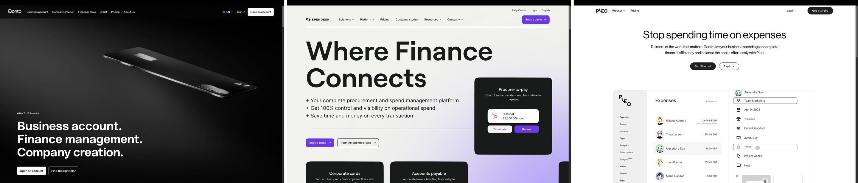 Three European SaaS brand homepages side by side: Qonto, Spendesk, Pleo