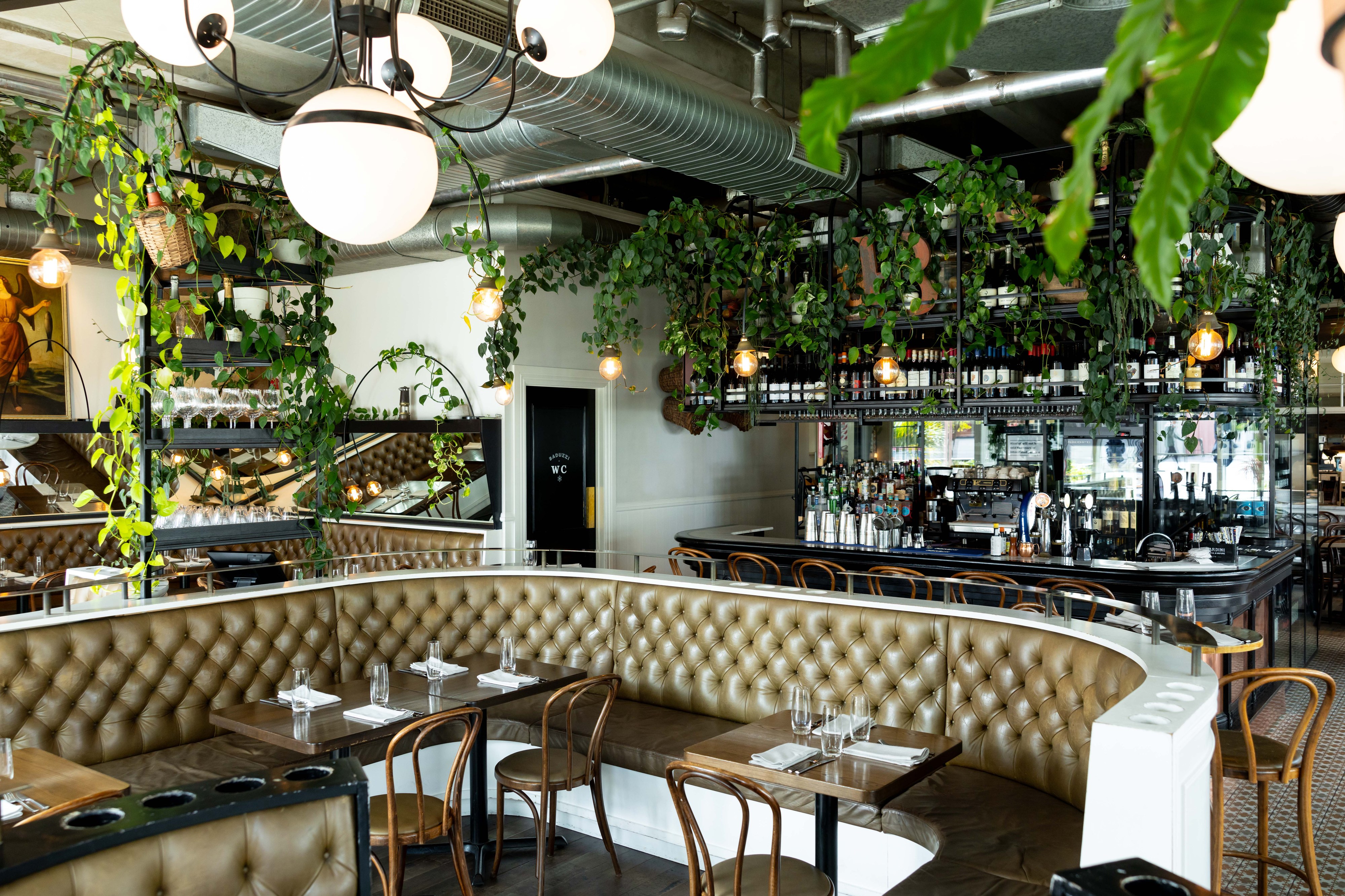 GreenAir restaurant plant installation at Baduzzi Wynyard Quarter showcasing hospitality biophilic design Auckland
