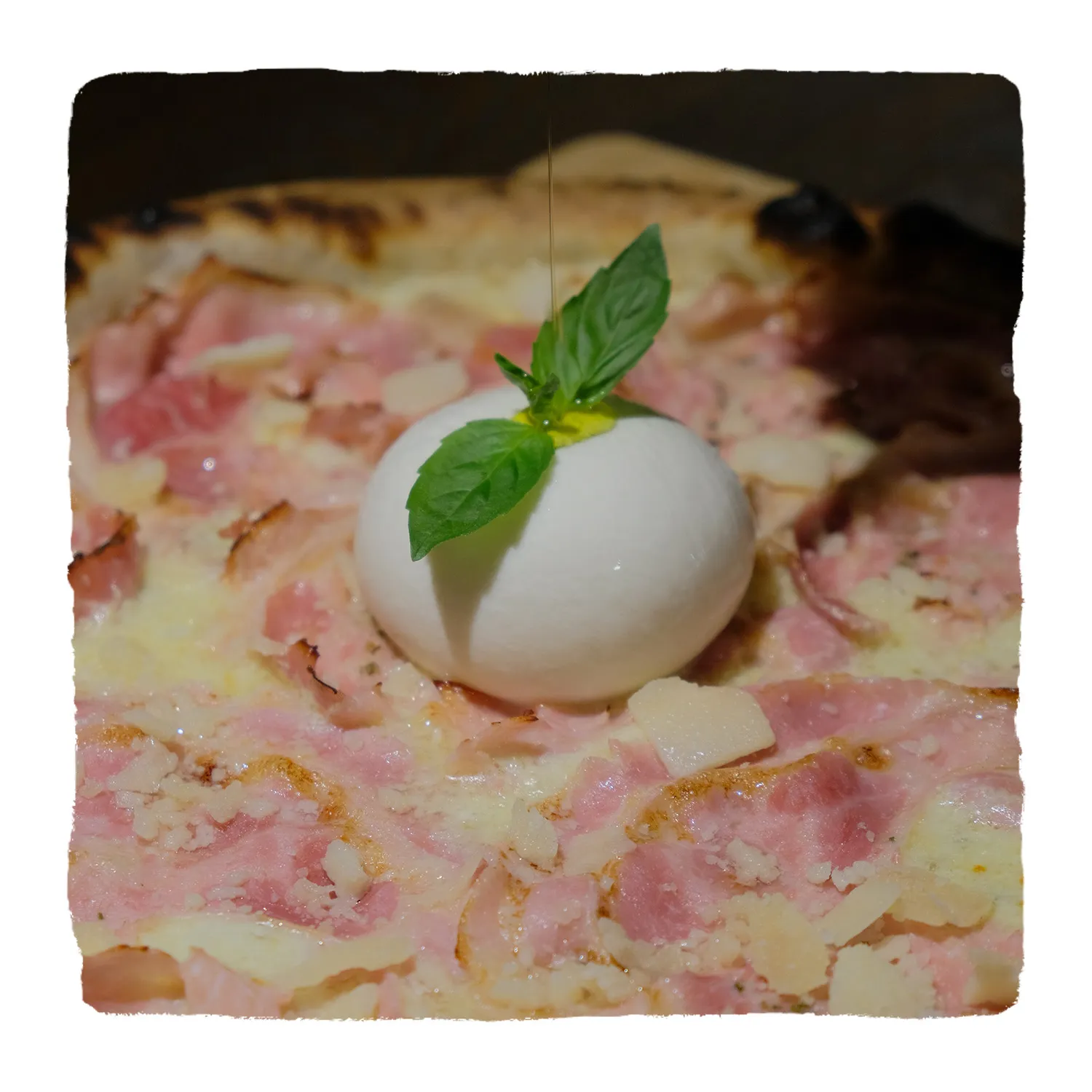 close up burrata on pizza, oil dripping