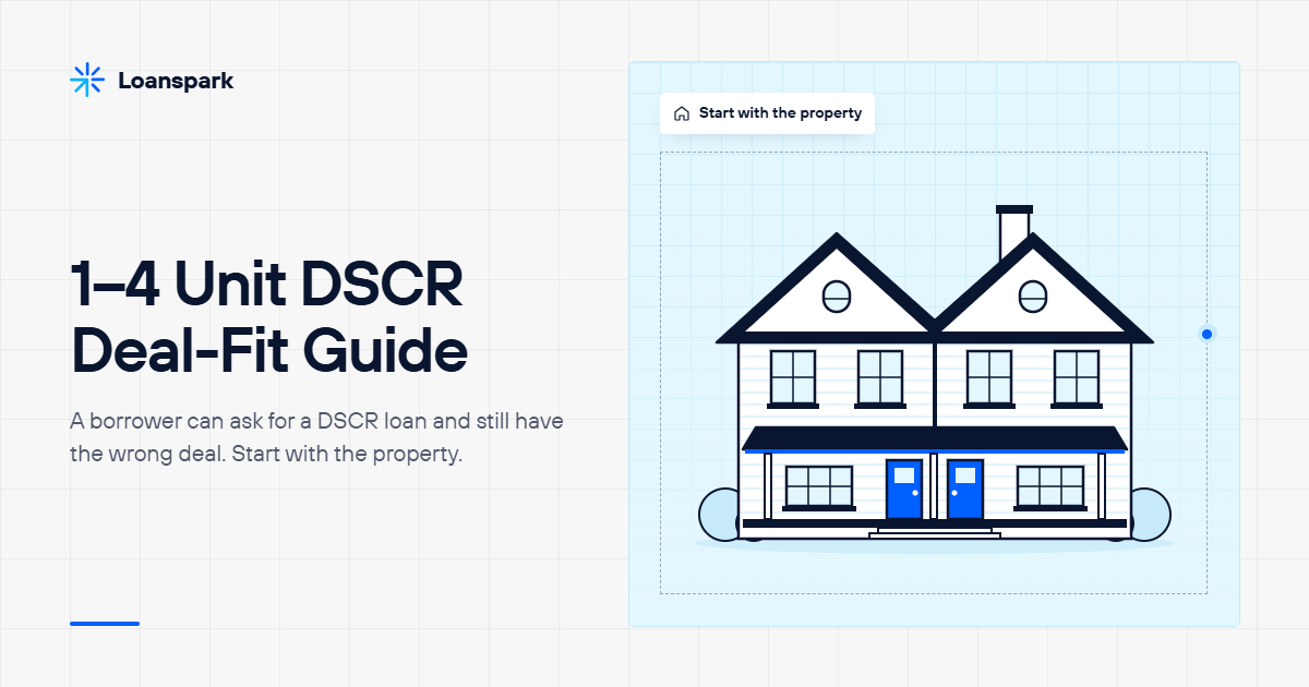 Illustration of a two-unit house with the headline 1–4 Unit DSCR Deal-Fit Guide