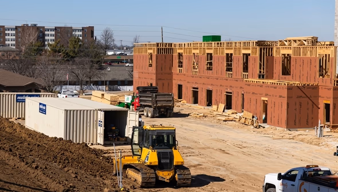 Construction site with wooden building framework, yellow bulldozer, and equipment containers under clear sky.