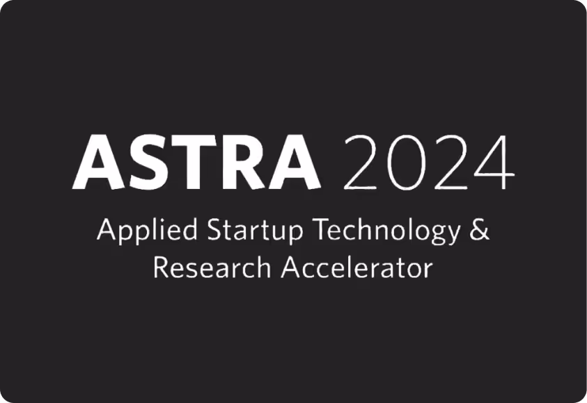 Text reads "ASTRA 2024 Applied Startup Technology & Research Accelerator" over a textured dark background, conveying innovation and professionalism.