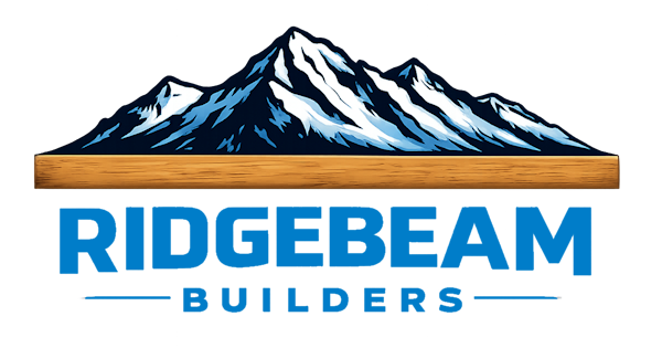 Logo with snow-capped mountain peaks above a wooden beam and the text Ridgebeam Builders in bold blue letters.