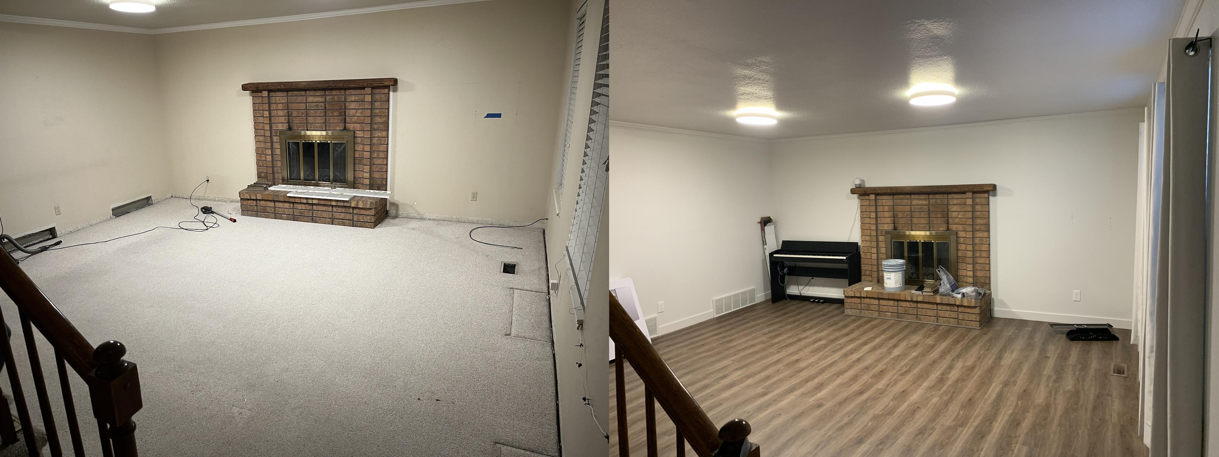 Side-by-side comparison of a living room before and after renovation, showing a carpeted floor replaced with wood flooring and a similar layout with a brick fireplace.