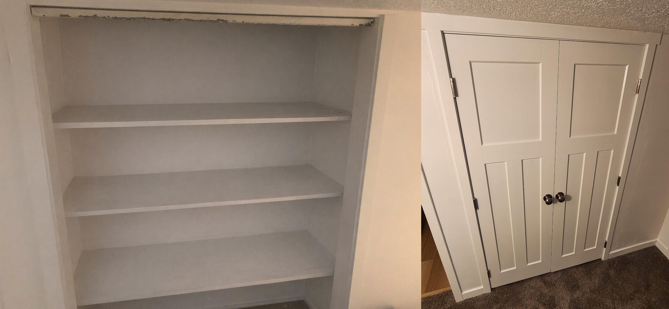 Side-by-side comparison of a narrow house hallway before and after renovation, showing old carpet and flooring on the left and new wood flooring with fresh paint on the right.