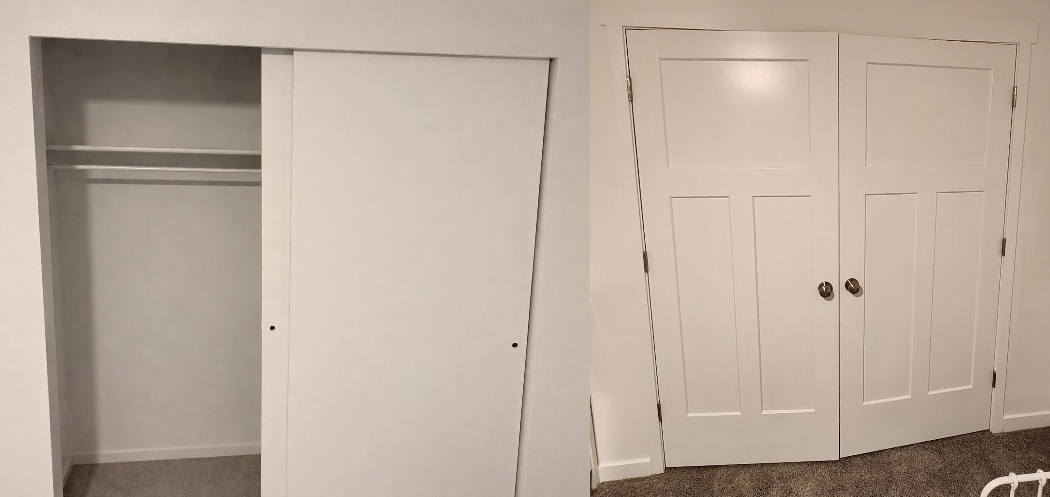 Side-by-side comparison of a living room before and after renovation, showing carpet replaced by wood flooring, addition of piano, and painted walls.