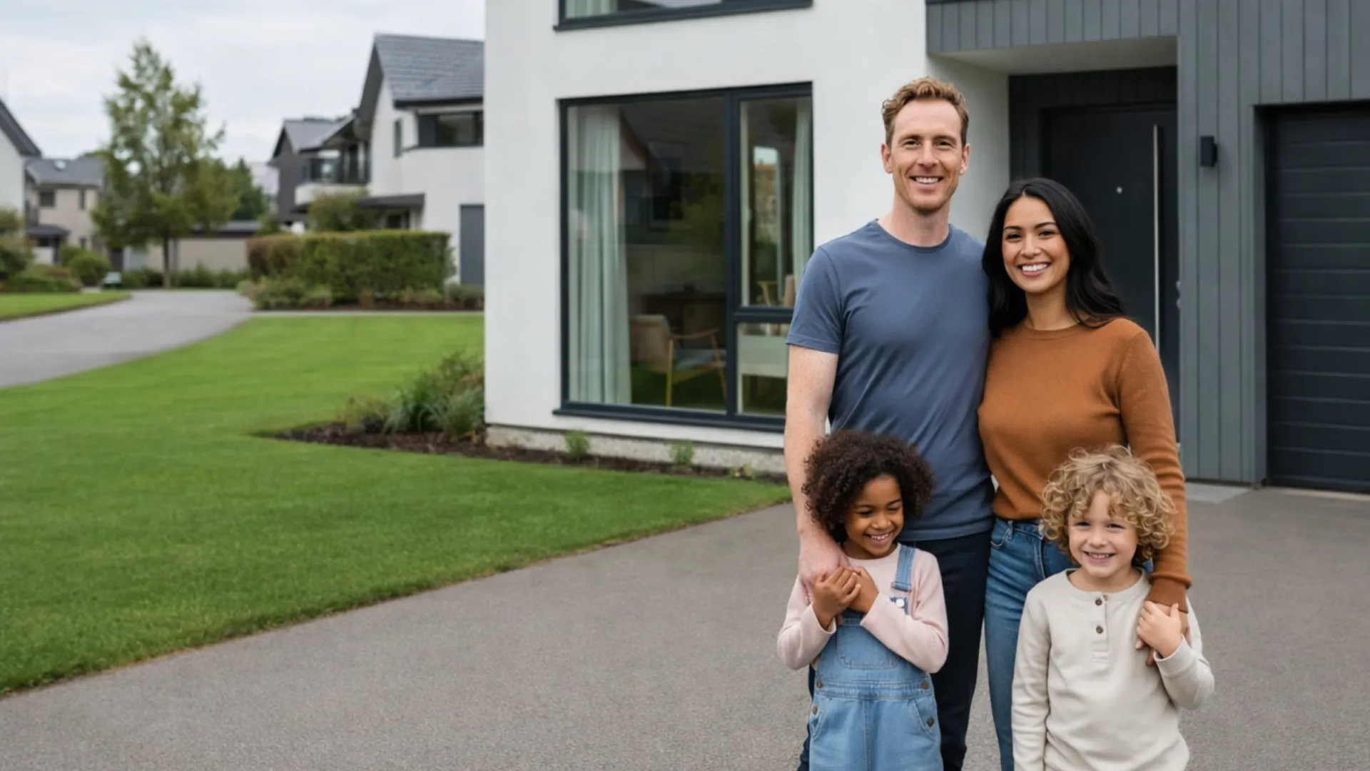 Happy family in front of their new home - Capitis Private Mortgage