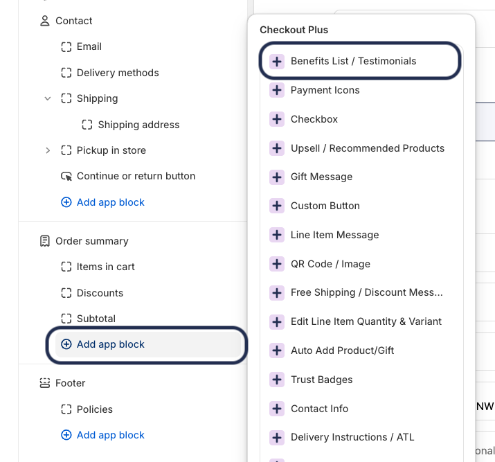 Benefits List / Testimonials Block Selection