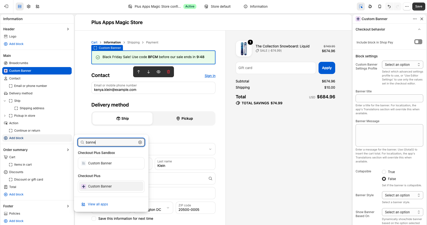 Checkout Editor with Custom Banner block and Add block search