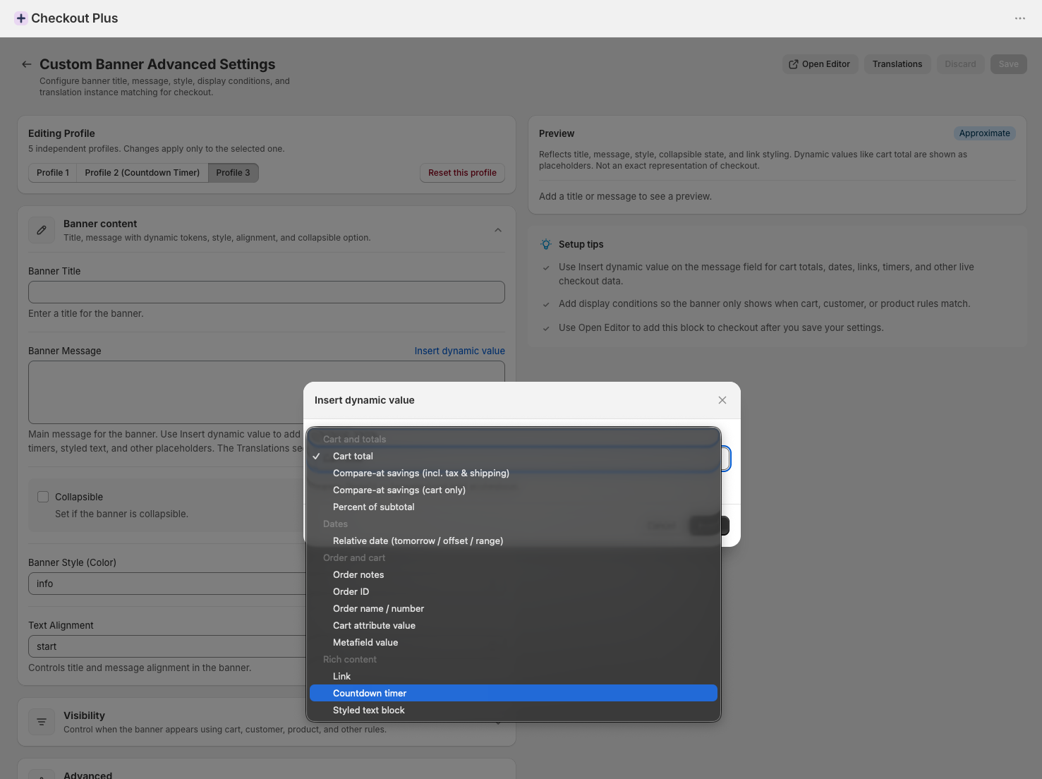 Insert dynamic value dialog with Countdown timer selected