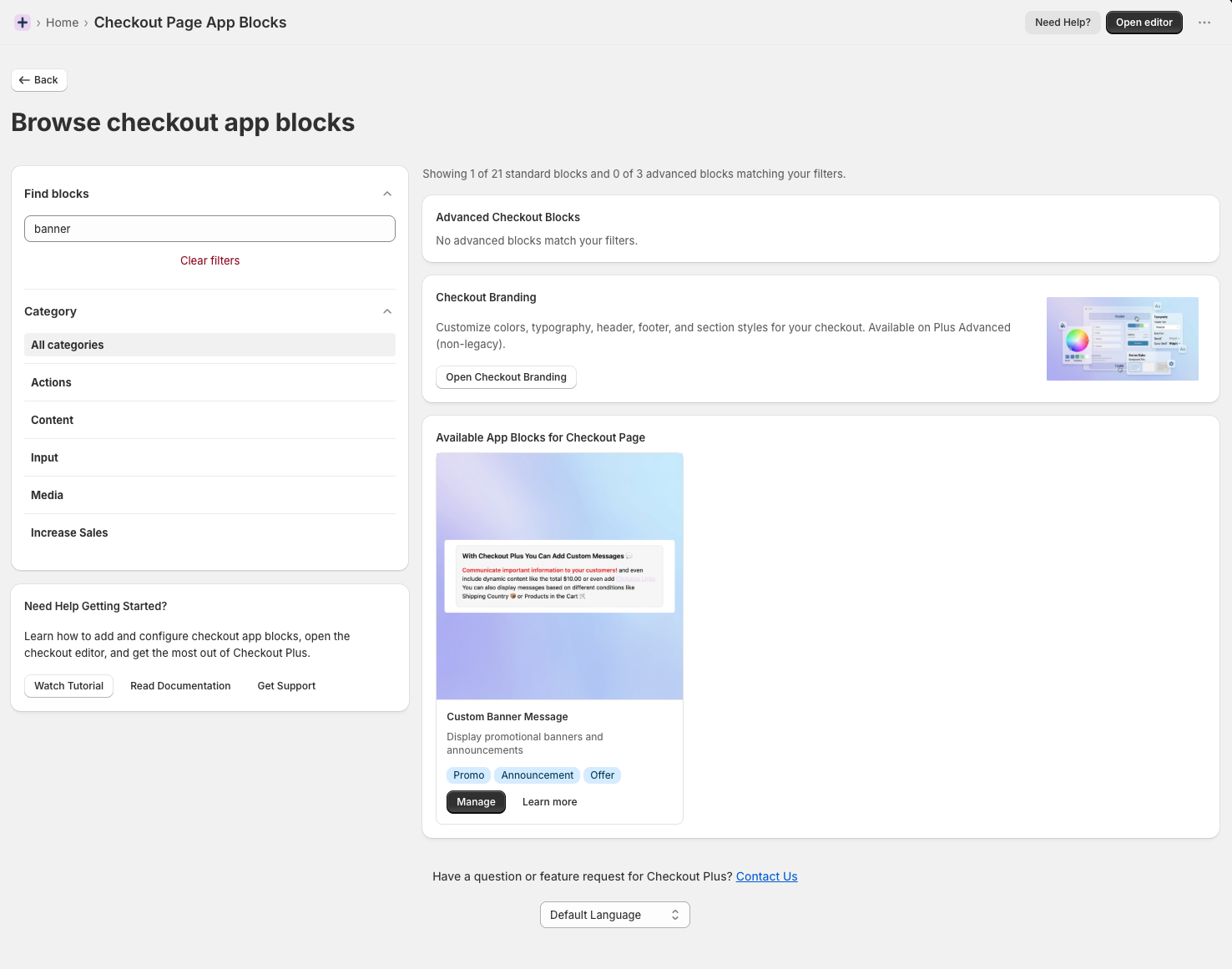 Browse checkout app blocks filtered to Custom Banner Message