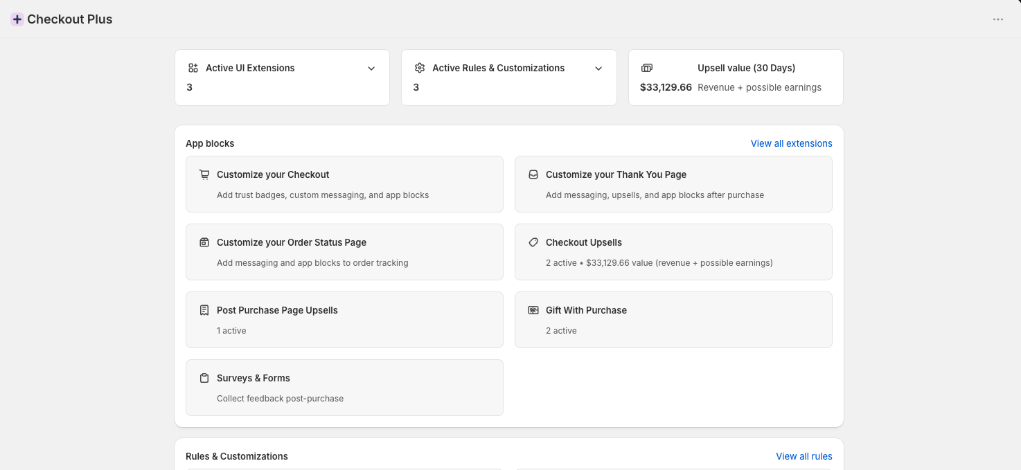 Checkout Plus home with Customize your Checkout