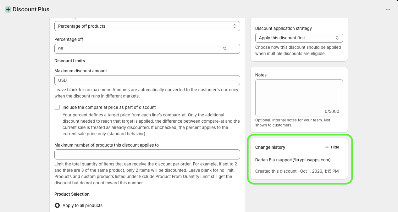 Change history sidebar on the Discount Plus discount editor