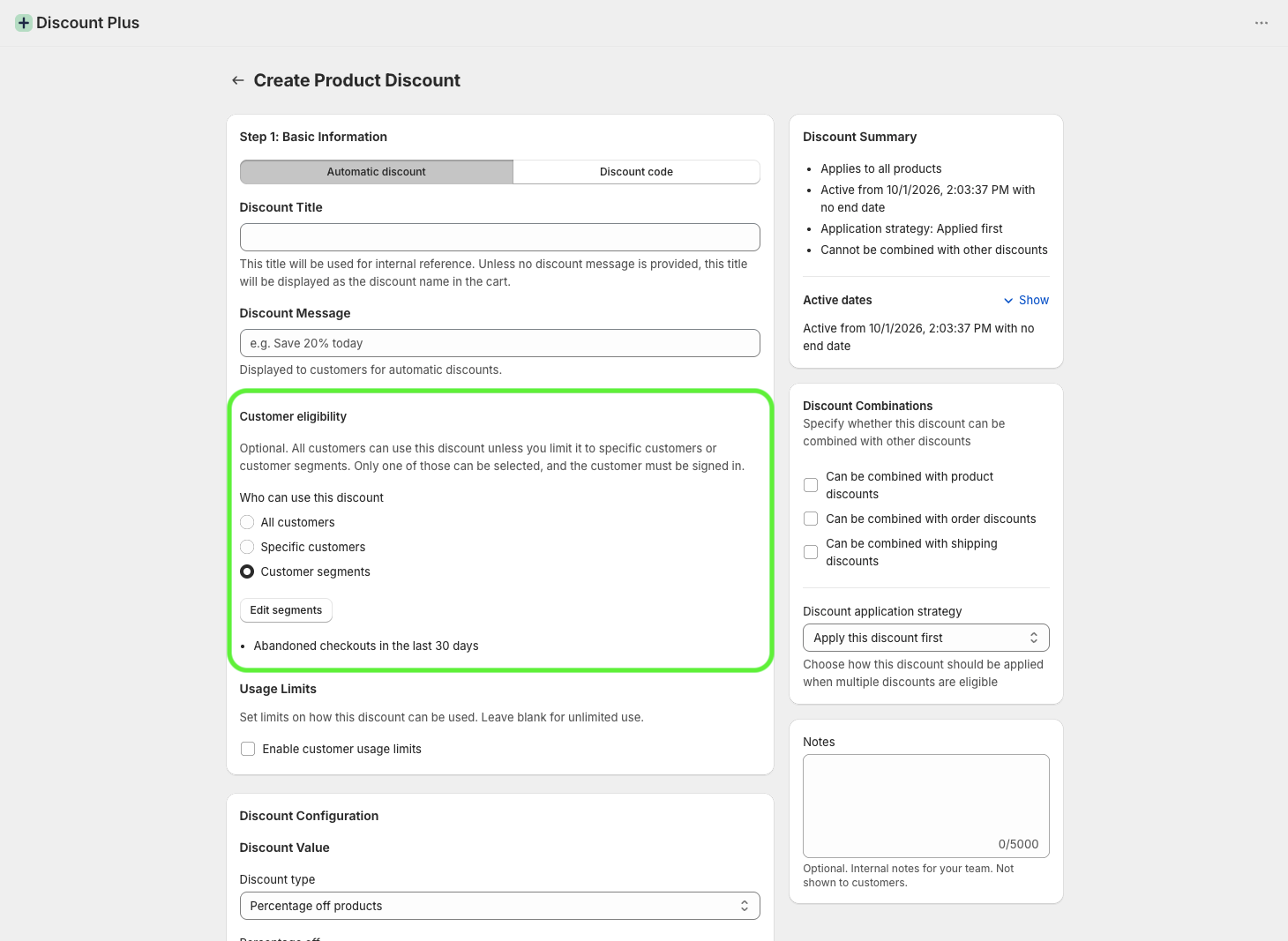 Customer eligibility settings in the Discount Plus discount editor