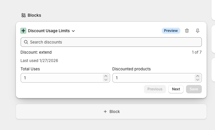 Discount Usage Limits admin block on a Shopify customer page