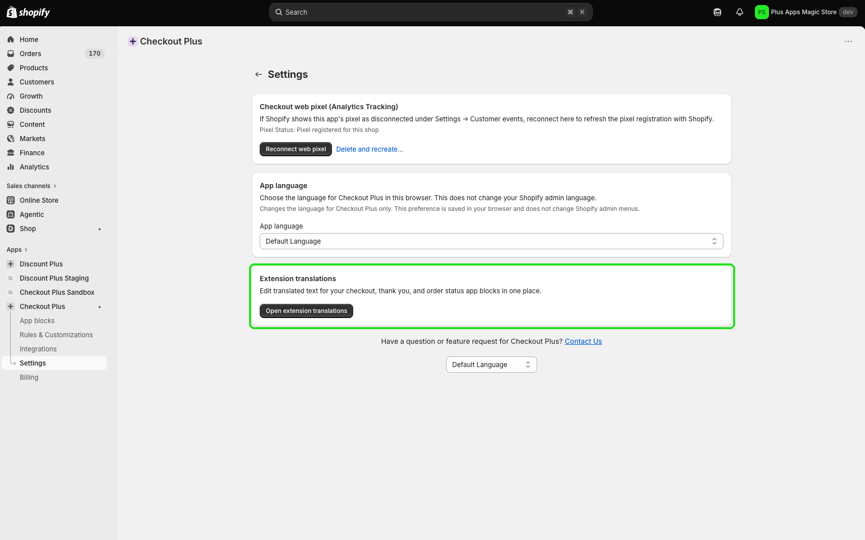 Settings page with Extension translations and Open extension translations