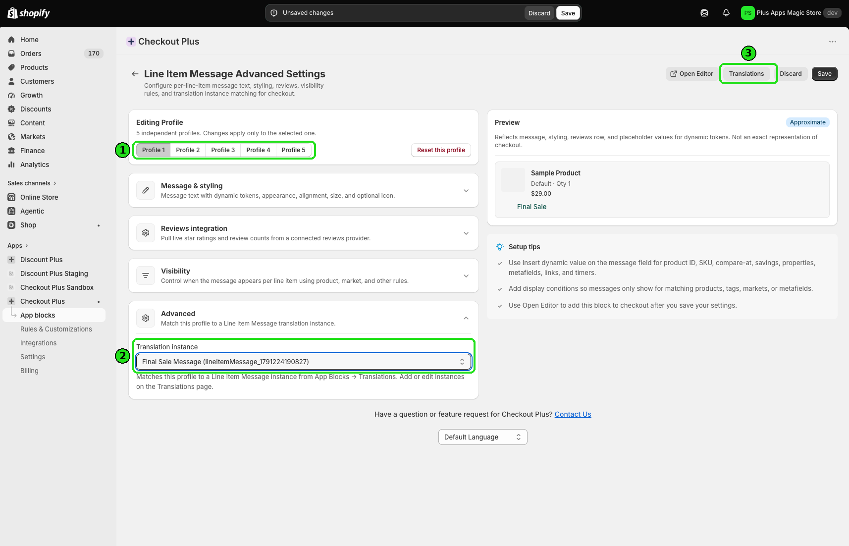 Advanced Settings with Translation instance set to Final Sale Message