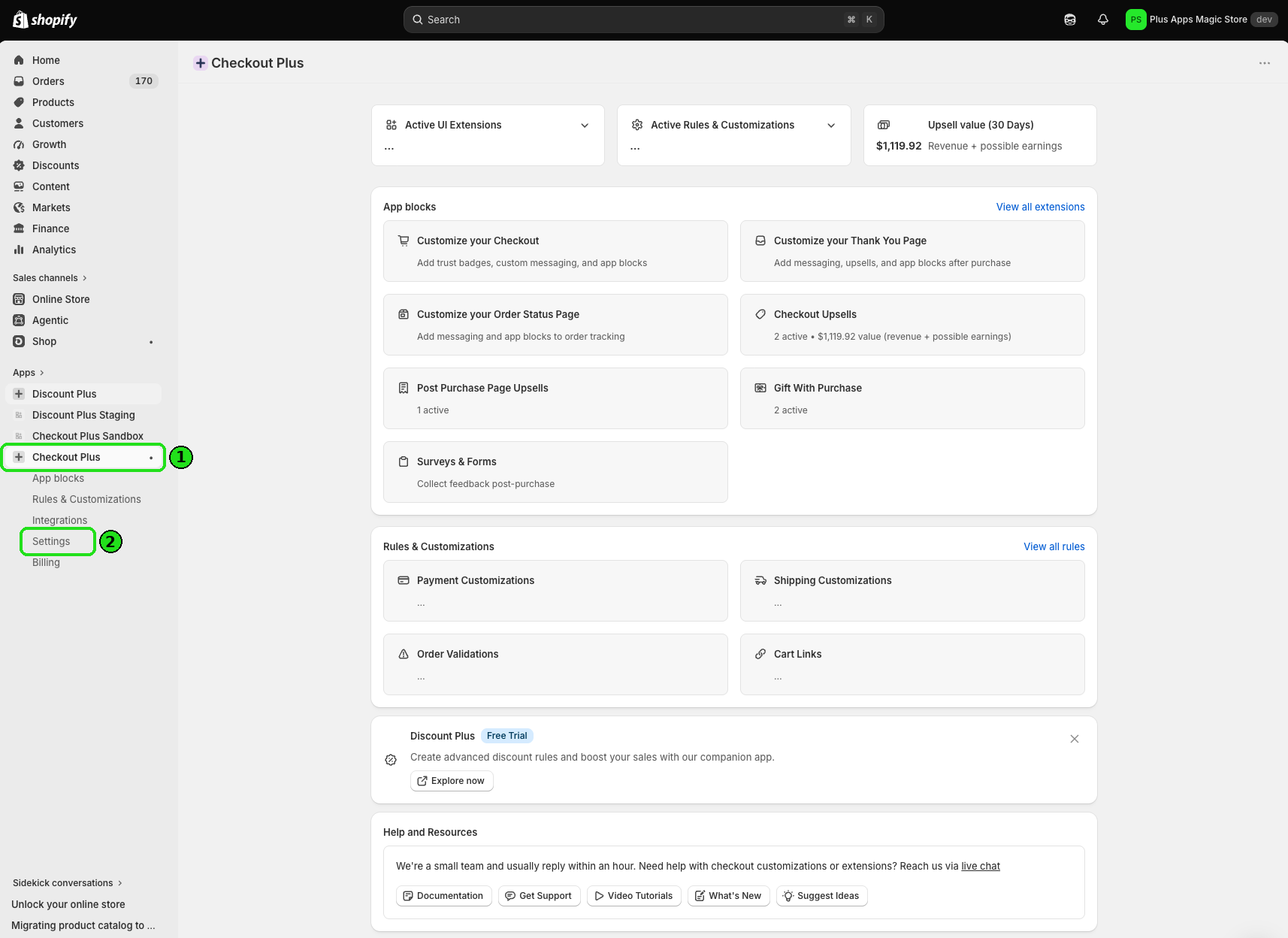 Checkout Plus left nav with Settings highlighted
